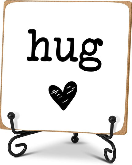 Hug - Home Office Desk Decor Wood Plaque with Stand, Love You Gifts, Thinking of You Gifts for Women Friends Girlfriend Boyfriend Mom Sisters - A01 - LeafyLoom