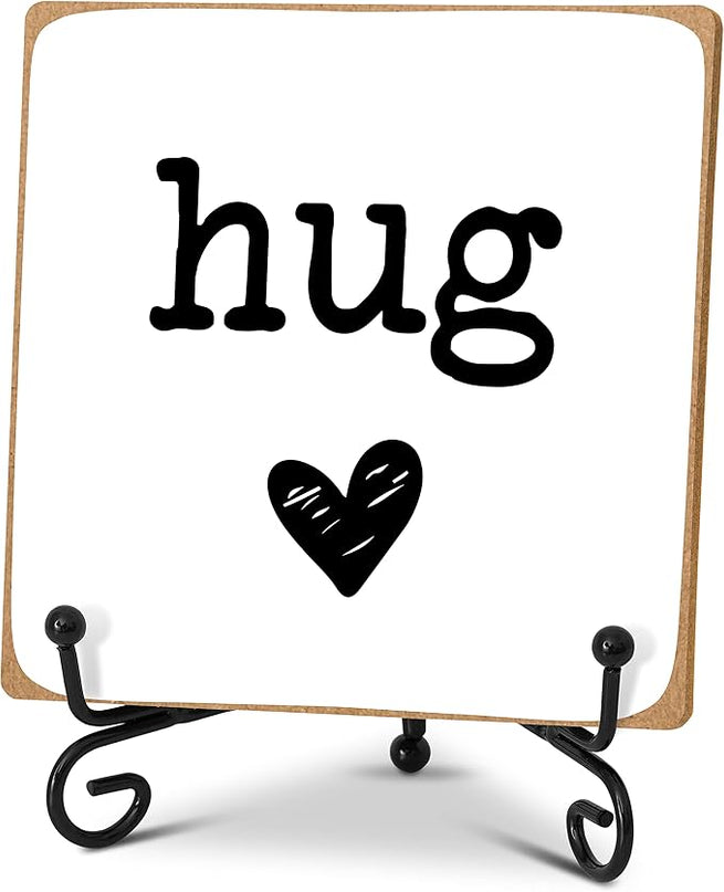 Hug - Home Office Desk Decor Wood Plaque with Stand, Love You Gifts, Thinking of You Gifts for Women Friends Girlfriend Boyfriend Mom Sisters - A01 - LeafyLoom