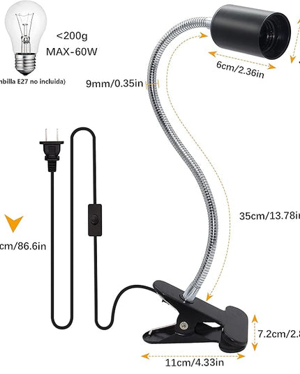 Clip Desk Lamp Socket 2 Pack Flexible Gooseneck Lamp Stand Clip-On with Switch Plugs Clip on Light with Flexible Neck Portable Clip on Light Metal Clip Holder Desk Study Clamp Lamp - LeafyLoom