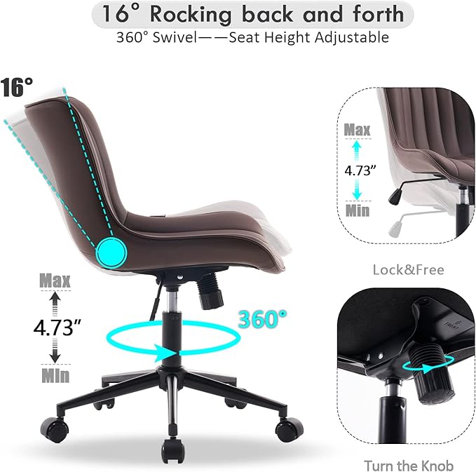 YOUNIKE Armless Office Chair with Wheels Swivel Rolling Desk Chair Leather Upholstered Adjustable Computer Task Chair Modern Rocking Recline Gaming Chair Brown - LeafyLoom
