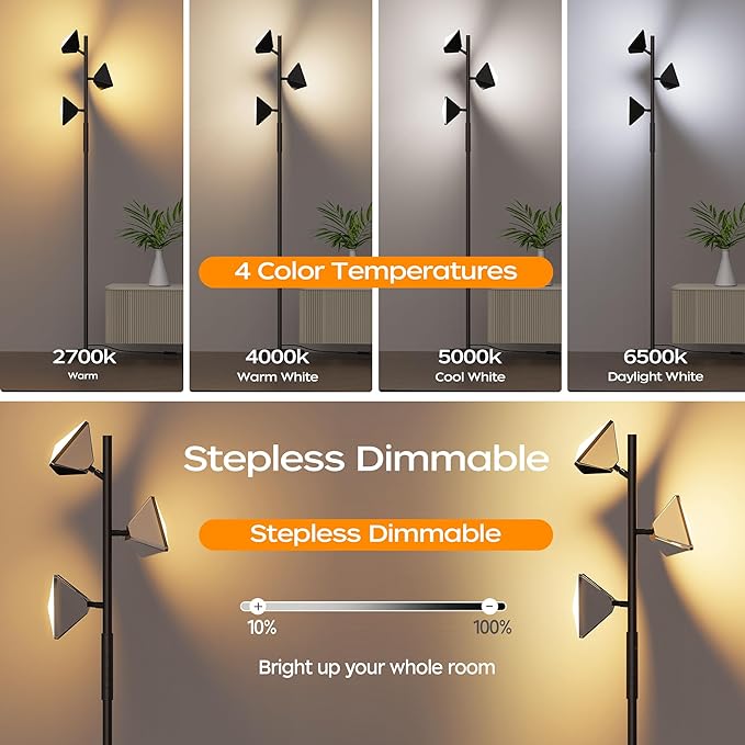 RGBCW Floor Lamp, 36W Color Changing LED Tree Floor Lamp, Stepless Dimmable Tall Standing Lamp with Remote & Touch Control, 2700K-6500K Modern Floor Lamps for Living Room, Bedroom, Gaming Room,Office - LeafyLoom