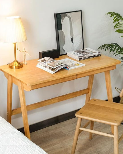 Computer Desk with Drawers, Solid Wood Writing Desk, Mid Century Modern Home Office Desks, Oak Study Table, Small Desk for Bedroom, 29.1 H x 39.4 W x 21.7 D Inches, Natural - LeafyLoom