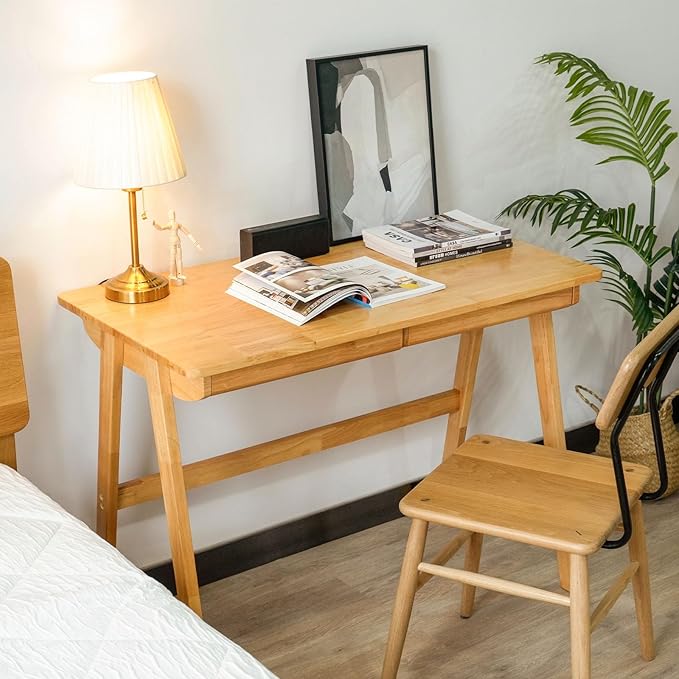 Computer Desk with Drawers, Solid Wood Writing Desk, Mid Century Modern Home Office Desks, Oak Study Table, Small Desk for Bedroom, 29.1 H x 39.4 W x 21.7 D Inches, Natural - LeafyLoom