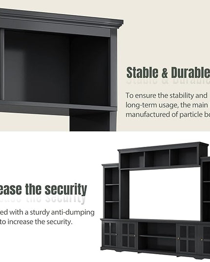 Merax Multifunctional TV Stand with Tempered Glass Door, Minimalism Style Entertainment Wall Unit with Bridge Modern Console Table for Televisions Up to 70”, 104.3 inch Length, Black - LeafyLoom