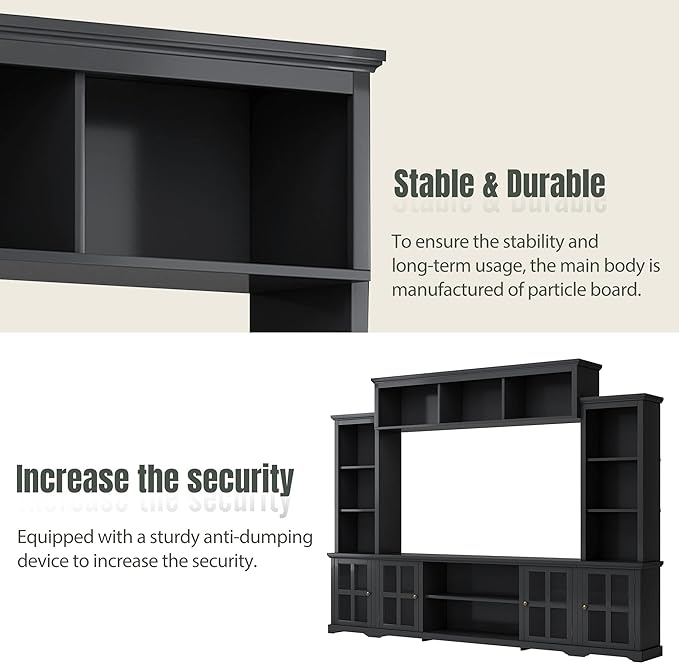 Merax Multifunctional TV Stand with Tempered Glass Door, Minimalism Style Entertainment Wall Unit with Bridge Modern Console Table for Televisions Up to 70”, 104.3 inch Length, Black - LeafyLoom