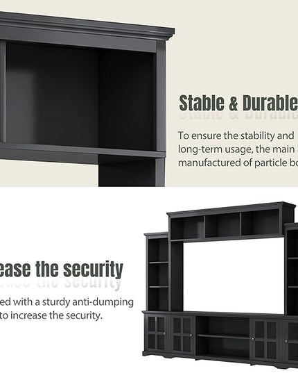 Entertainment Wall Unit with Bridge, Stand Media Console Table for TVs Up to 70" with Tempered Glass Door, Ample Storage Space for Living Room, 104 Inch, Black - LeafyLoom