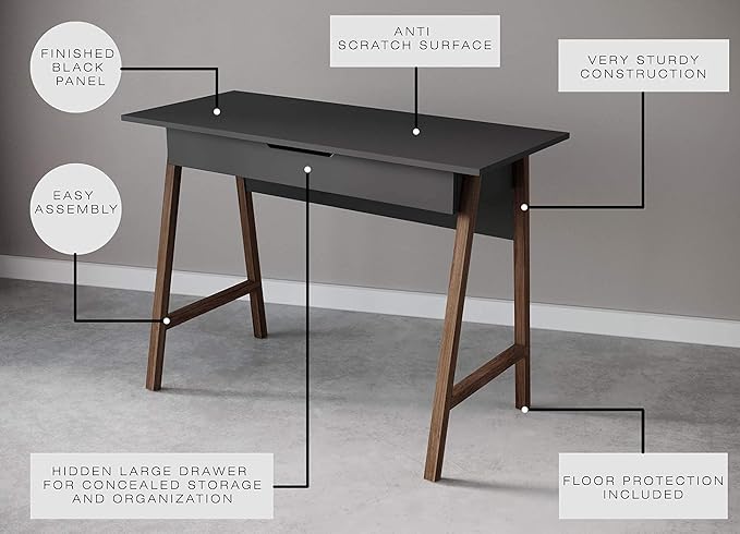 PARMA 42 Inch Modern Desk - Home & Office Small Computer Desk with Wide Drawer - Wooden Study Writing Minimalist Desk with Storage for Small Space, Bedroom & Workstations - Student Desk/Table (Black) - LeafyLoom