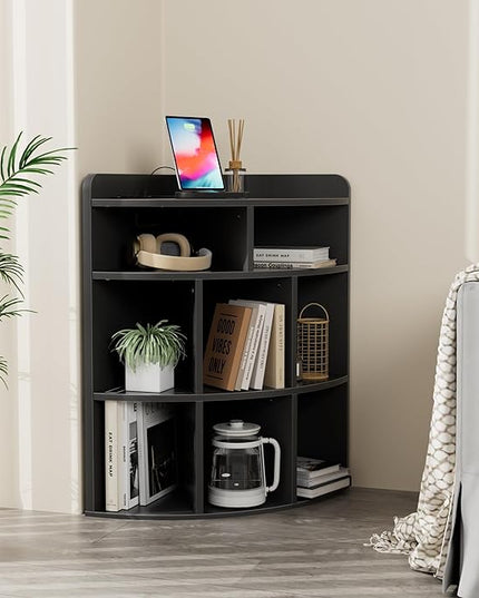 Vecelo Corner Cabinet with Charging Station, 3-Tier Cube Storage Organizer with USB Ports and Outlets, Triangle Bookcases with 8 Cubbies for Playroom, Bedroom, Living Room, Black - LeafyLoom