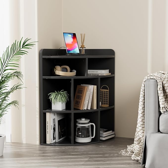 Vecelo Corner Cabinet with Charging Station, 3-Tier Cube Storage Organizer with USB Ports and Outlets, Triangle Bookcases with 8 Cubbies for Playroom, Bedroom, Living Room, Black - LeafyLoom