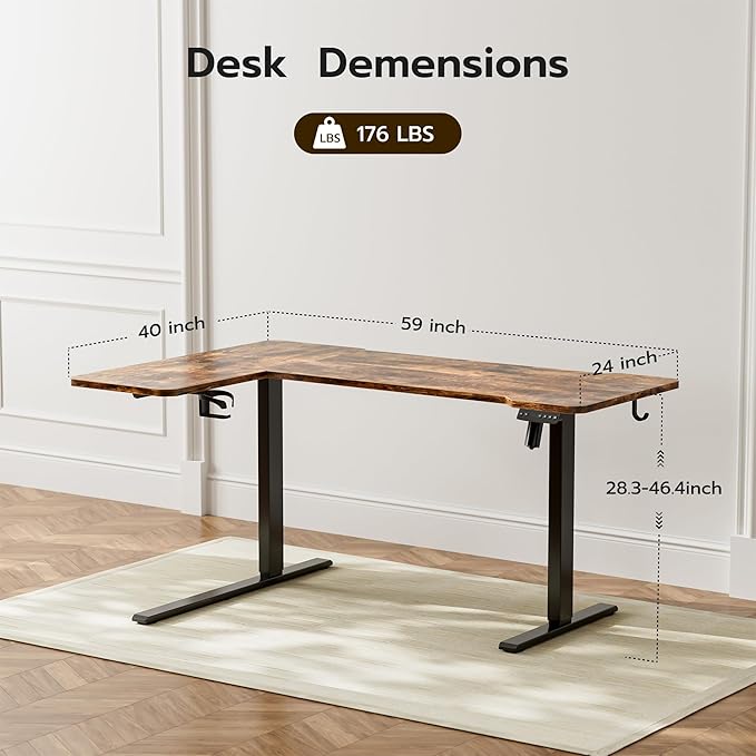 59" Reversiable L-Shaped Electric Standing Desk Adjustable Height Gaming Stand Up Corner Desk Sit Stand Home Office Computer Desk with Splice Board,Rustic Brown Top - LeafyLoom