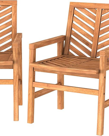 Walker Edison 2 Piece Outdoor Patio Chevron Wood Chair Set All Weather Backyard Conversation Garden Poolside Balcony, Set of 2, Brown - LeafyLoom
