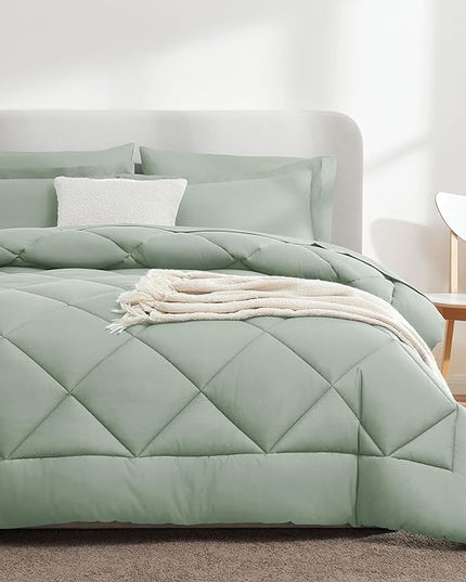 CozyLux Queen Comforter Set with Sheets 7 Pieces Bed in a Bag Sage Green All Season Bedding Sets with Comforter, Pillow Shams, Flat Sheet, Fitted Sheet and Pillowcases - LeafyLoom