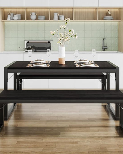 SHA CERLIN Dining Table Set with Two Benches, Rustic Kitchen Table Set for 4 people, Space-Saving Dinette, Heavy Duty Sturdy Structure, Easy Assemble, Black/Black - LeafyLoom