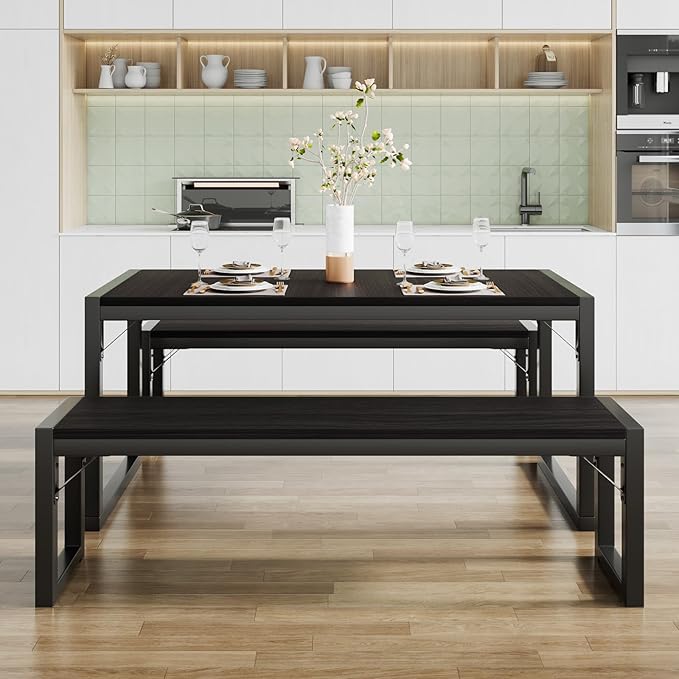 SHA CERLIN Dining Table Set with Two Benches, Rustic Kitchen Table Set for 4 people, Space-Saving Dinette, Heavy Duty Sturdy Structure, Easy Assemble, Black/Black - LeafyLoom