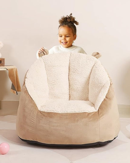 Cute Soft Bean Bag Chair for Kids with Fluffy Bear Ears, Cozee Fluffy Lazy Chair for Up to 10 Years Old Girls and Boys - LeafyLoom