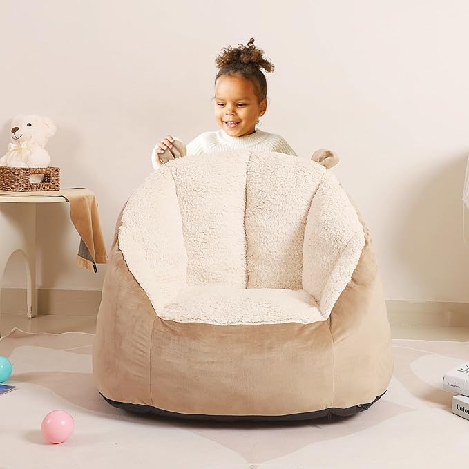 Cute Soft Bean Bag Chair for Kids with Fluffy Bear Ears, Cozee Fluffy Lazy Chair for Up to 10 Years Old Girls and Boys - LeafyLoom