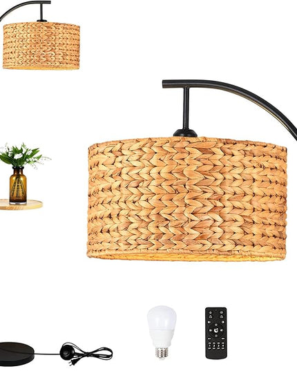 Rattan Floor Lamp for Living Room Bedroom with Table Shelves,Boho Arc Floor Lamps with Remote Dimmable Farmhouse Wood Shelf Attached Standing Lamp Wicker Bamboo Tall Lamp Floor Light Bohemian - LeafyLoom