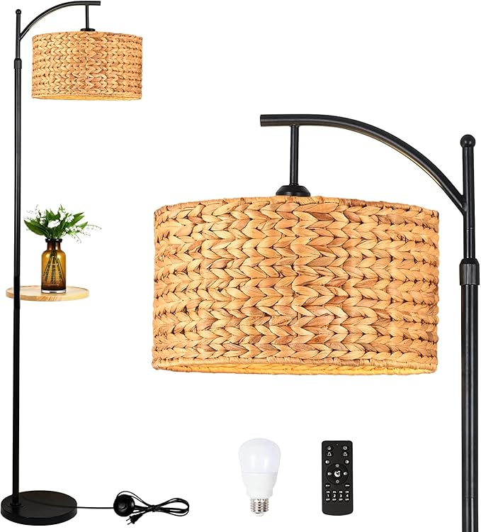Rattan Floor Lamp for Living Room Bedroom with Table Shelves,Boho Arc Floor Lamps with Remote Dimmable Farmhouse Wood Shelf Attached Standing Lamp Wicker Bamboo Tall Lamp Floor Light Bohemian - LeafyLoom