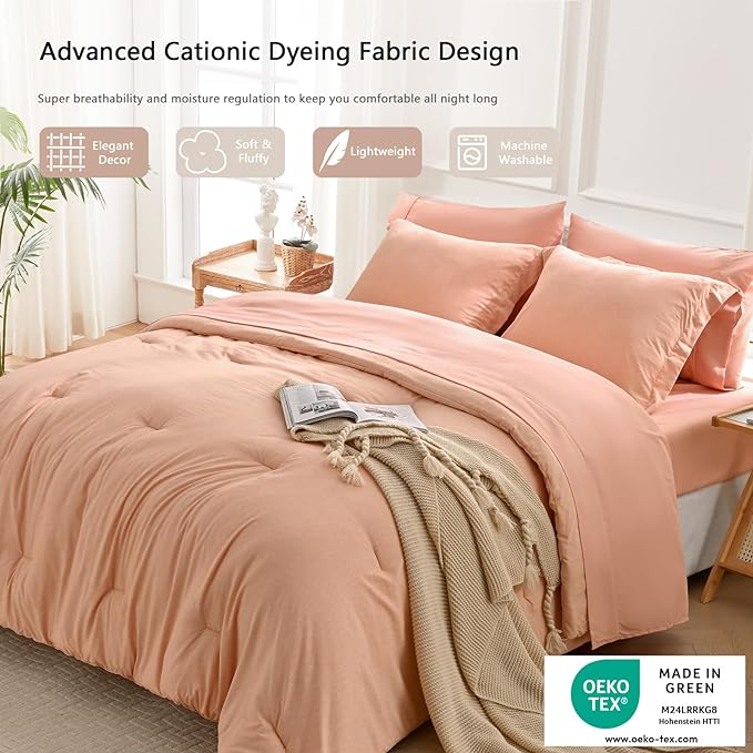 UNILIBRA Queen Comforter Set 7 Pieces Bed in a Bag - Orange Queen Soft Bedding Set for All Seasons - Cationic Dyeing Bed Comforter Sets with Comforter, Flat Sheet, Fitted Sheet, Pillowcases & Shams - LeafyLoom