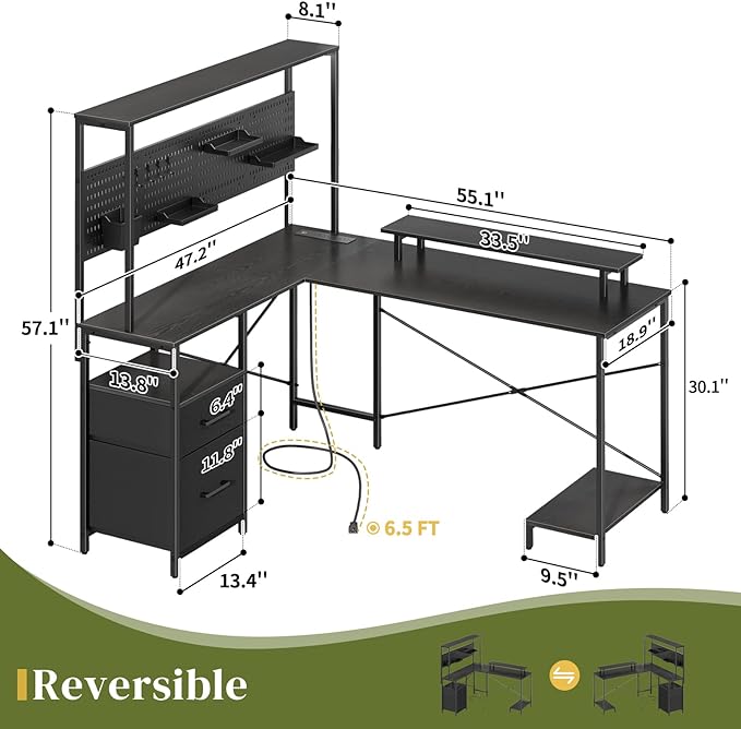 Yoobure L Shaped Desk with Pegboard, Reversible Gaming Desk with LED Lights & Power Outlets, Computer Desk with Drawers & Storage Shelves, Office Desk with Monitor Stand Corner Desk Home Office Desks - LeafyLoom
