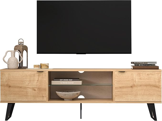 Atelier Mobili Mid Century Modern TV Stand 75 inch | Farmhouse Entertainment Center with Storage | TV Stand for 75 Inch TV | Oak TV Stand for Living Room Entertainment Center for Bedroom TV Stand - LeafyLoom