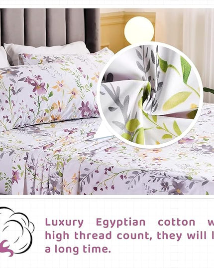 QSH Wild Floral Printed Bed Sheets Egyptian Cotton Yellow Flower Botanical Pattern King Size Sheets Extra Deep Pocket 17.5" - LeafyLoom