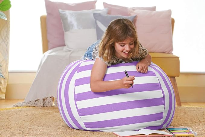 Aubliss Stuffed Animal Bean Bag Storage Chair (Purple/White Striped, Large (38'')) - LeafyLoom