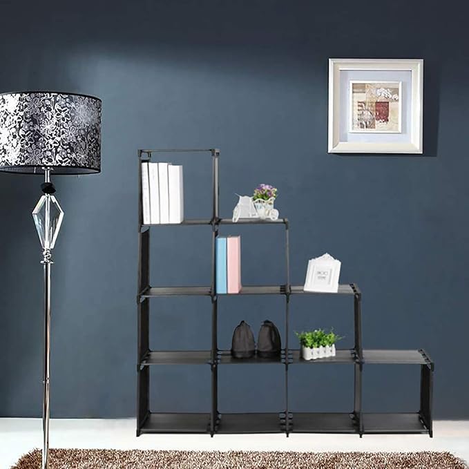 10-Cube Storage Organizer Rack, Staircase Organizer Modular Bookcase, DIY Storage Organizer Closet Shelf, Bookcase in Living Room, Bedroom for Toys and Daily Necessities, Black - LeafyLoom