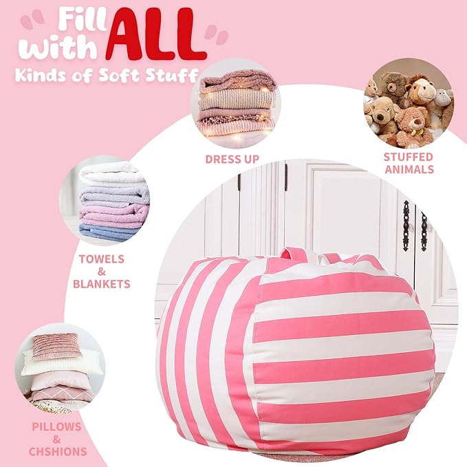 Wekapo Stuffed Animal Storage Bean Bag Chair Cover for Kids | Stuffable Zipper Beanbag for Organizing Children Plush Toys Large Premium Cotton Canvas (Pink, X-Large) - LeafyLoom