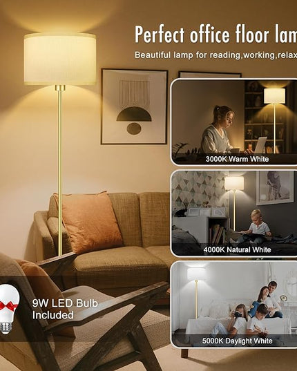 BoostArea Floor Lamp Standing Lamp Gold, 59" Tall Lamps for Living Room, Simple Pole Lamp with White Shade, On/Off Foot Pedal, Bright Dimming Lamp for Kids Room Bedroom Office Decor(9W Bulb Included) - LeafyLoom