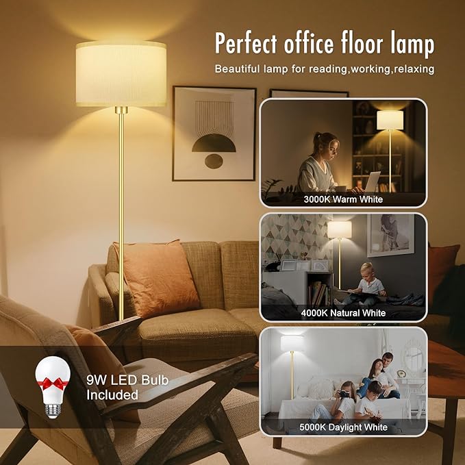 BoostArea Floor Lamp Standing Lamp Gold, 59" Tall Lamps for Living Room, Simple Pole Lamp with White Shade, On/Off Foot Pedal, Bright Dimming Lamp for Kids Room Bedroom Office Decor(9W Bulb Included) - LeafyLoom