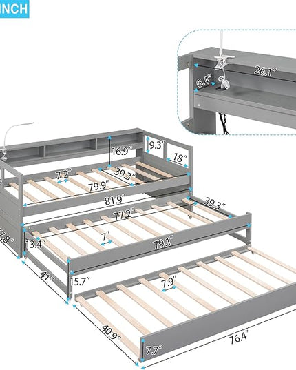 Twin XL Wood Daybed with 2 Trundles, 3 Storage Cubbies, 1 Light for Free and USB Charging Design, for Bedroom/Living Apartment/Guest-Room,Gray - LeafyLoom