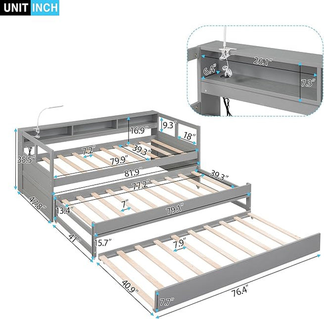Twin XL Wood Daybed with 2 Trundles, 3 Storage Cubbies, 1 Light for Free and USB Charging Design, for Bedroom/Living Apartment/Guest-Room,Gray - LeafyLoom