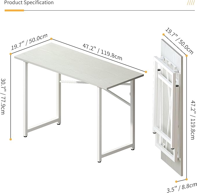 Folding Desk 47 inch No Assembly Required Home Office Table, Writing Gaming Computer Camping Desk, White - LeafyLoom