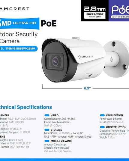 Amcrest UltraHD 5MP Outdoor POE Camera 2592 x 1944p Bullet IP Security Camera, Outdoor IP67 Waterproof, 103° Viewing Angle, 2.8mm Lens, 98.4ft Night Vision, 5-Megapixel, IP5M-B1186EW-28MM (White) Amcrest