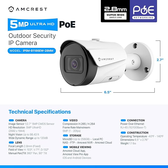 Amcrest UltraHD 5MP Outdoor POE Camera 2592 x 1944p Bullet IP Security Camera, Outdoor IP67 Waterproof, 103° Viewing Angle, 2.8mm Lens, 98.4ft Night Vision, 5-Megapixel, IP5M-B1186EW-28MM (White) Amcrest