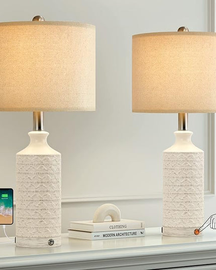 PoKat 24" Modern Contemporary Ceramic Lamp Set of 2 for Living Room White Desk Decor Lamps for Bedroom Farmhouse Bedside Nightstand End Table Lamps, White - LeafyLoom