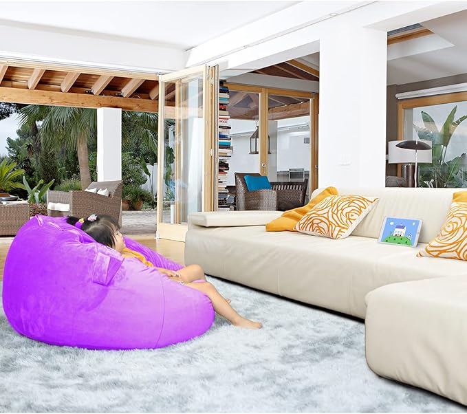 Bean Bag Chair Cover, Stuffed Animal Storage, Plush Toys Organizer Holder, Beanbag Chairs Cover for Kids Teans and Adults Super Soft and Comfortable Fabric X-Large with Handle and Zipper -Round Purple - LeafyLoom