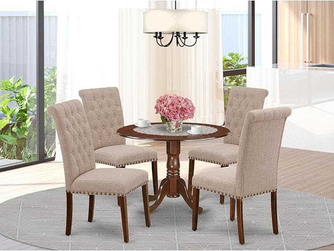 East West Furniture DLBR5-MAH-04 Dublin 5 Piece Room Furniture Set Includes a Round Dining Table with Dropleaf and 4 Light Tan Linen Fabric Upholstered Chairs, 42x42 Inch, Mahogany - LeafyLoom
