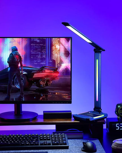 WILIT LED RGB Gaming Desk Lamp, Voice Activated Changing Colors Rhythm Light with Wireless Charger and USB Charging Port, Colorful Ambient Light Touch Table Lamp for Gaming, PC, Room Decoration - LeafyLoom