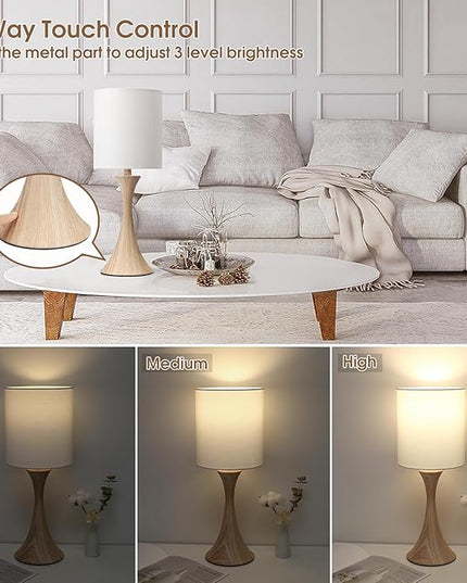 Bedside Touch Lamp, 3 Way Dimmable Touch Control Table Lamp, Wood Grain Farmhouse Table Lamp, Modern Nightstand Lamp with White Shade for Bedroom, Dorm, Office, 3000K LED Bulb Included - LeafyLoom