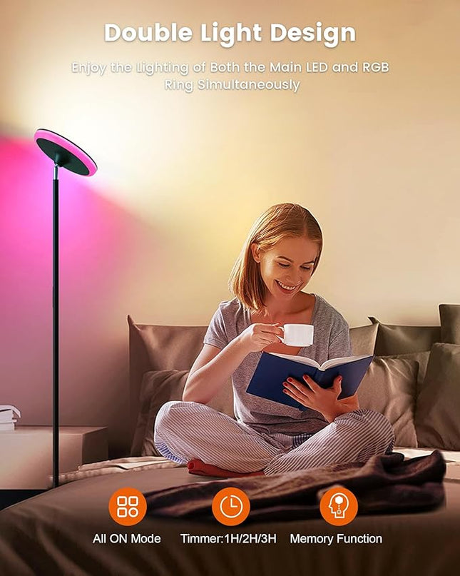 Bright Floor Lamp,42W 3700LM LED Torchiere Floor Lamps for Living Room, 71in. Modern Tall Standing Lamp with Remote,Color & Brightness Dimmable Sky Light,1/2/3H Timer for Bedroom,Office-Black - LeafyLoom