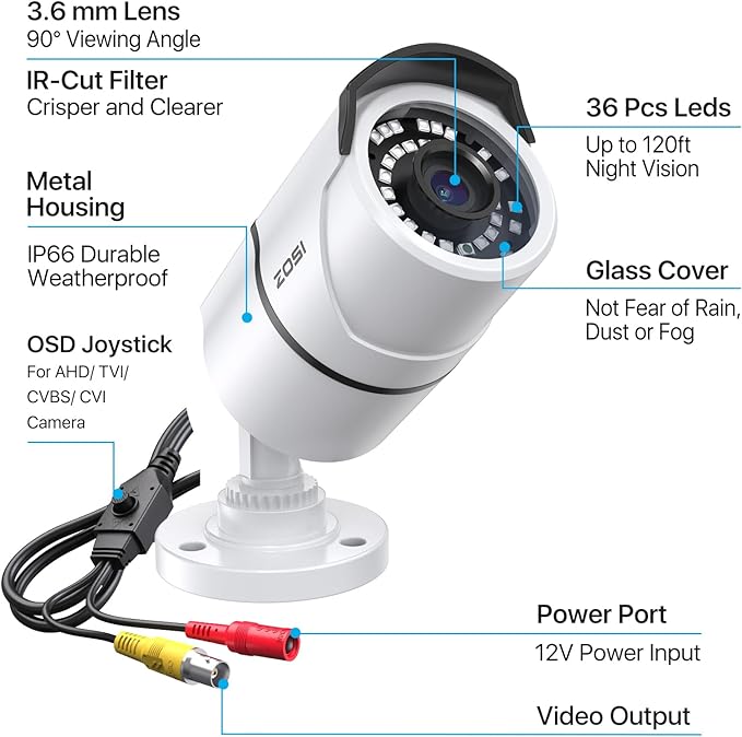 ZOSI 2MP 1080p Security Camera,4-in-1 TVI/CVI/AHD/CVBS Surveillance Bullet Camera Indoor Outdoor,Night Vision,Work for 960H,720P,1080P analog CCTV DVR ZOSI