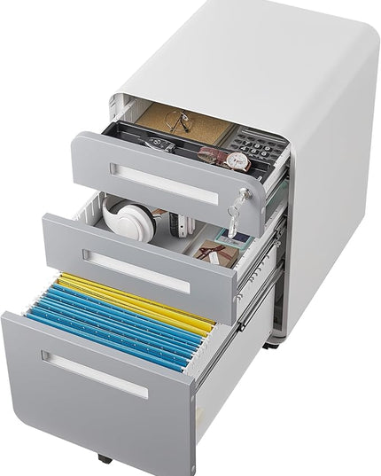3 Drawer Mobile Desk Office with Lock and Wheels,Versatile Storage Cabinets w/Anti-Tilting Cold Rolled Steel Waterproof Moisture-Proof,for Legal/Letter/A4 Files,White+Gray - LeafyLoom