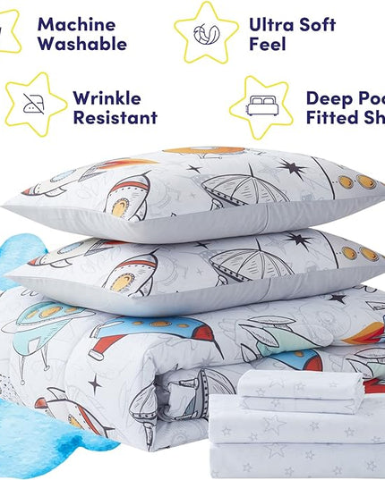 Kids Bedding Set Bed in a Bag for Boys and Girls Toddlers Printed Sheet Set and Comforter, Full, Floating in Space (Pack of 4) - LeafyLoom