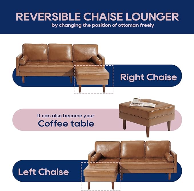 Vonanda Sectional Couch Sofa, L Shaped Couch Leather Sofa with Reversible Chaise and Bolster Pillows, Faux Leather Couch Small Couches for Living Room, Apartment and Small Space, Caramel - LeafyLoom