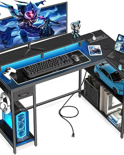 L Shaped Gaming Desk with Power Outlet & LED Light, 47 inch Reversible L Shaped Desk, Gaming Desk with Hook & Monitor Stand, Computer Desk with Drawer and Shelves for Home Office Bedroom - LeafyLoom