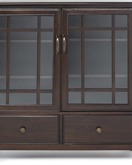 SIMPLIHOME Connaught SOLID WOOD 46 Inch Wide Traditional Tall Storage Cabinet in Dark Chestnut Brown, For the Living Room, Entryway and Family Room - LeafyLoom