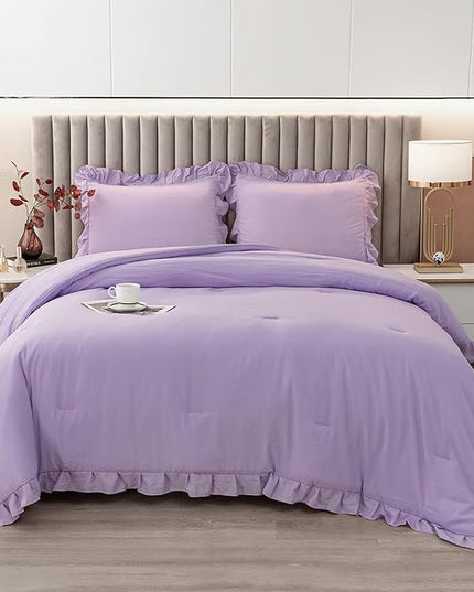 Andency Lavender Ruffle Comforter Full(79x90Inch), 3 Pieces(1 Ruffled Comforter and 2 Pillowcases) Solid Farmhouse Shabby Chic Comforter, Vintage Rustic Soft Microfiber Bedding Set - LeafyLoom