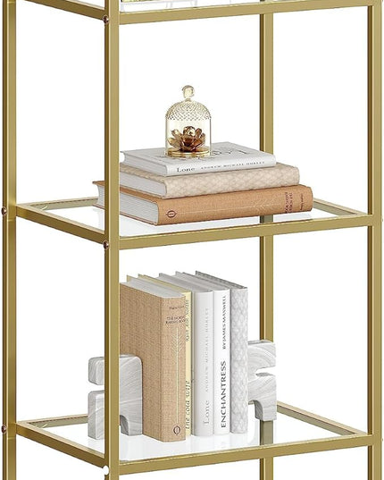 VASAGLE Bookcase, 5-Tier Bookshelf, Slim Shelving Unit for Bedroom, Bathroom, Home Office, Tempered Glass, Steel Frame, Metallic Gold ULGT029A01 - LeafyLoom